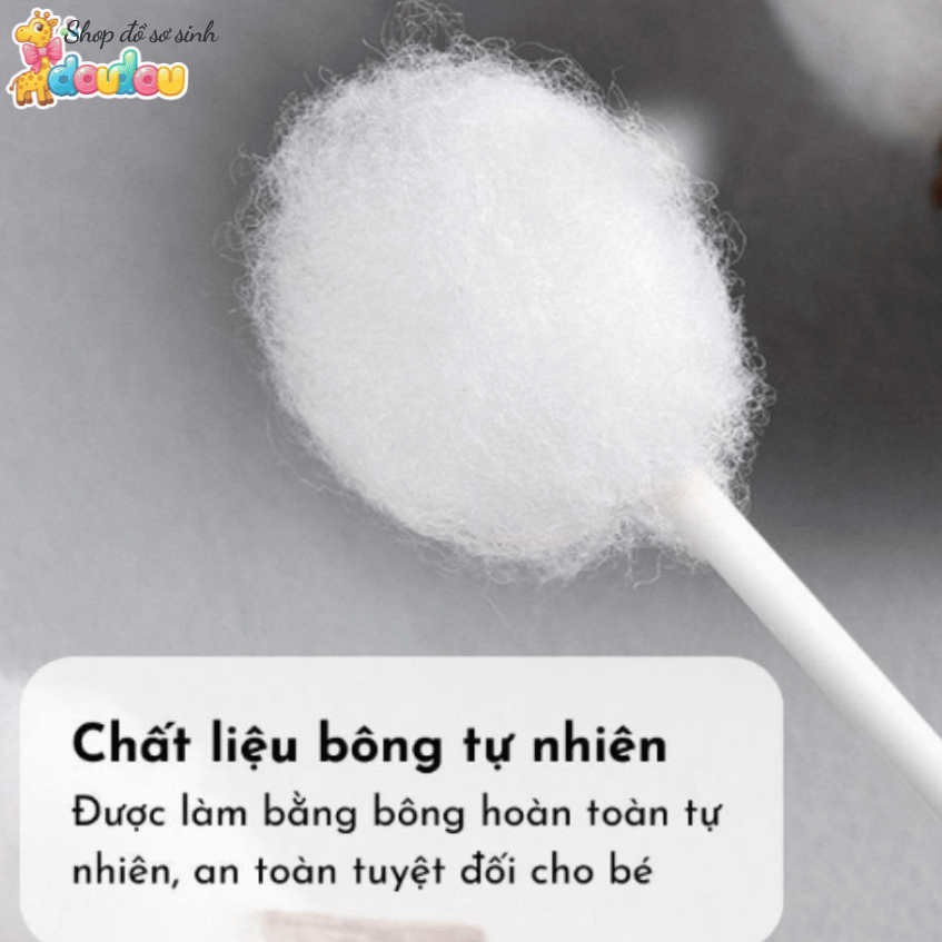 Tăm Bông Cho Bé Sơ Sinh Hộp 200 Que Bông V-Cool Tự Nhiên Mềm Mại Kháng Khuẩn An Toàn Doudou A08
