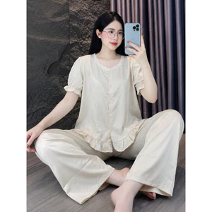 Đồ Bộ Nữ Mặc Nhà Vải Lụa Latin Quần Dài Áo Cộc Tay Phối Bèo Cổ Ren Sang Trọng Pijama CD03