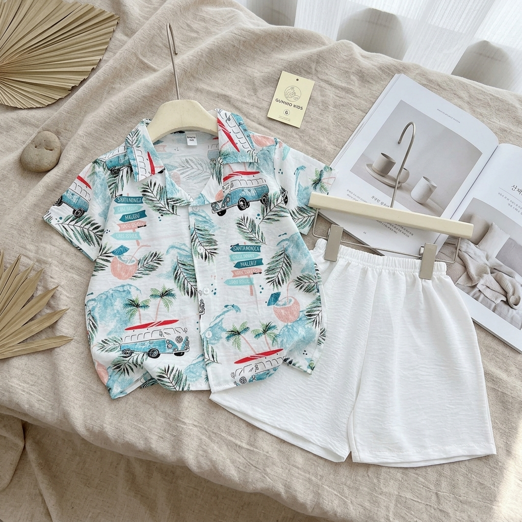 [HÀNG ĐẸP] Bộ Đi Biển Cho Bé Trai Bé Gái Gumiho Kids, Set Đũi 🏝️ Họa Tiết Hawaii Siêu Chất Cho Bé 1-6 Tuổi
