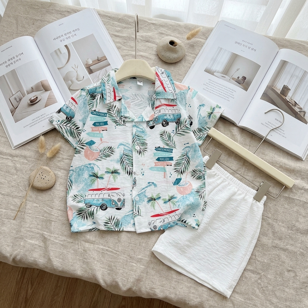 [HÀNG ĐẸP] Bộ Đi Biển Cho Bé Trai Bé Gái Gumiho Kids, Set Đũi 🏝️ Họa Tiết Hawaii Siêu Chất Cho Bé 1-6 Tuổi