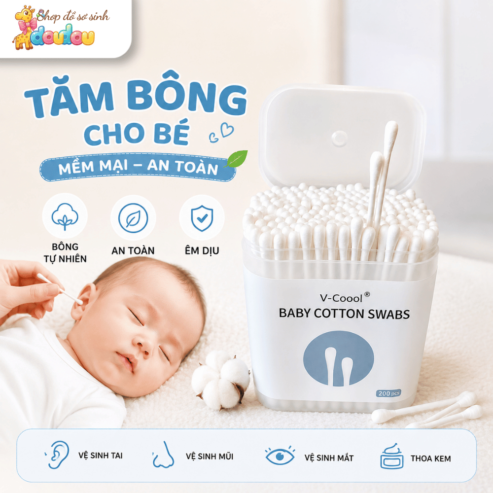 Tăm Bông Cho Bé Sơ Sinh Hộp 200 Que Bông V-Cool Tự Nhiên Mềm Mại Kháng Khuẩn An Toàn Doudou A08