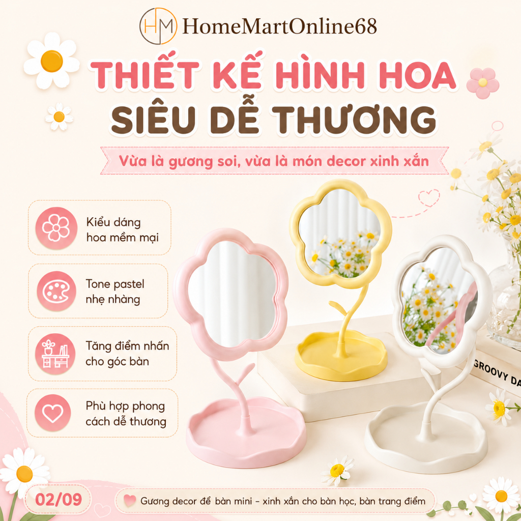 Gương Decor Để Bàn Trang Điểm Hình Hoa Bản Nhỏ HomeMartOnline68 - Gương Mini Dễ Thương, Decor Bàn Học, Phòng Ngủ