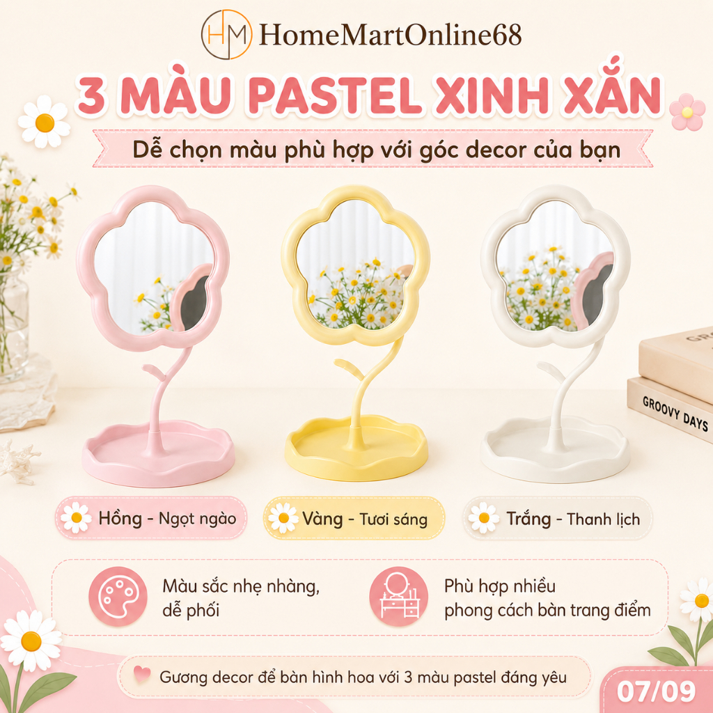 Gương Decor Để Bàn Trang Điểm Hình Hoa Bản Nhỏ HomeMartOnline68 - Gương Mini Dễ Thương, Decor Bàn Học, Phòng Ngủ