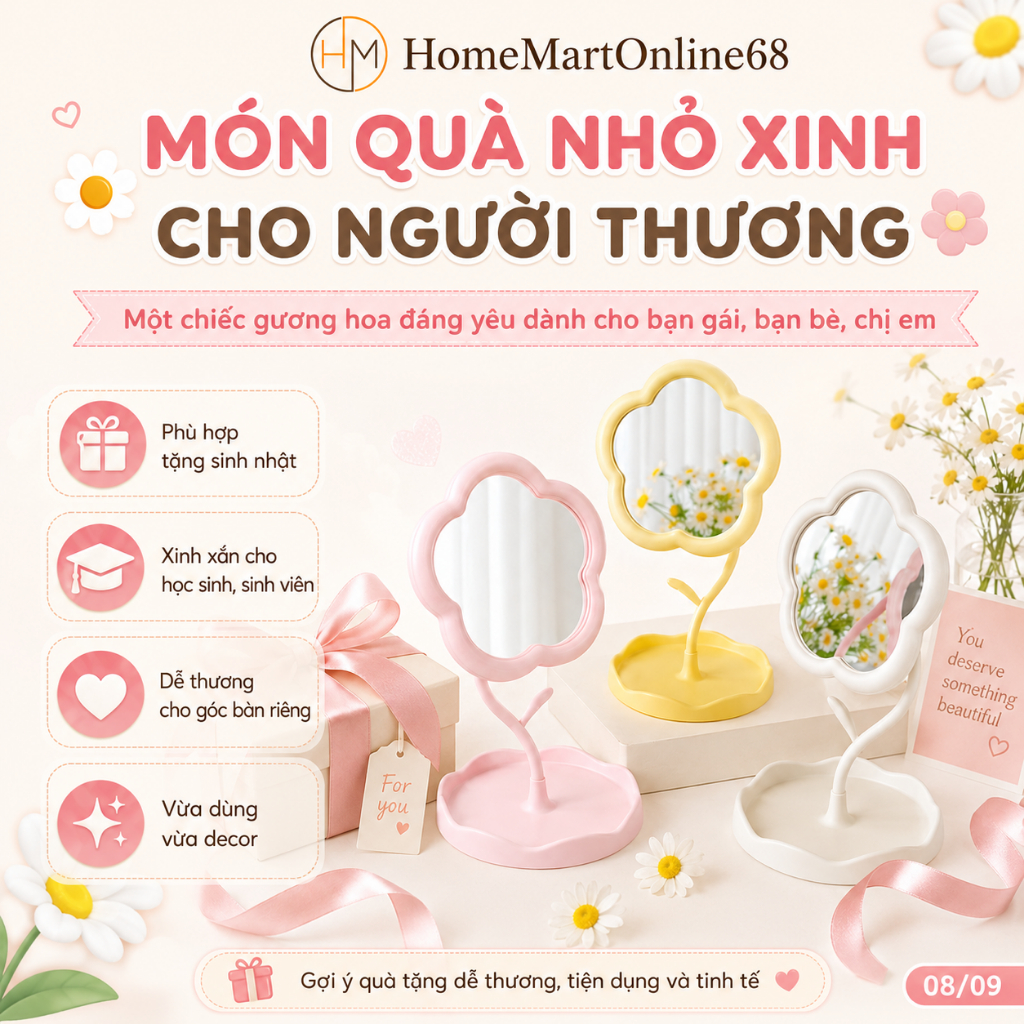 Gương Decor Để Bàn Trang Điểm Hình Hoa Bản Nhỏ HomeMartOnline68 - Gương Mini Dễ Thương, Decor Bàn Học, Phòng Ngủ