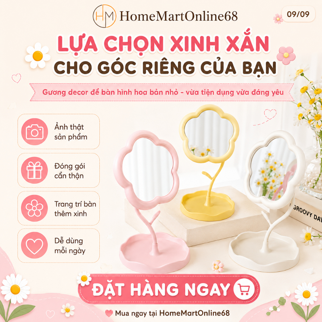 Gương Decor Để Bàn Trang Điểm Hình Hoa Bản Nhỏ HomeMartOnline68 - Gương Mini Dễ Thương, Decor Bàn Học, Phòng Ngủ