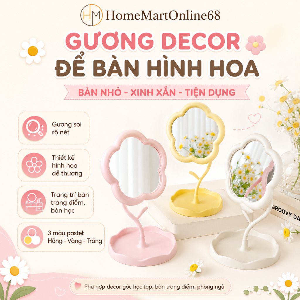 Gương Decor Để Bàn Trang Điểm Hình Hoa Bản Nhỏ HomeMartOnline68 - Gương Mini Dễ Thương, Decor Bàn Học, Phòng Ngủ
