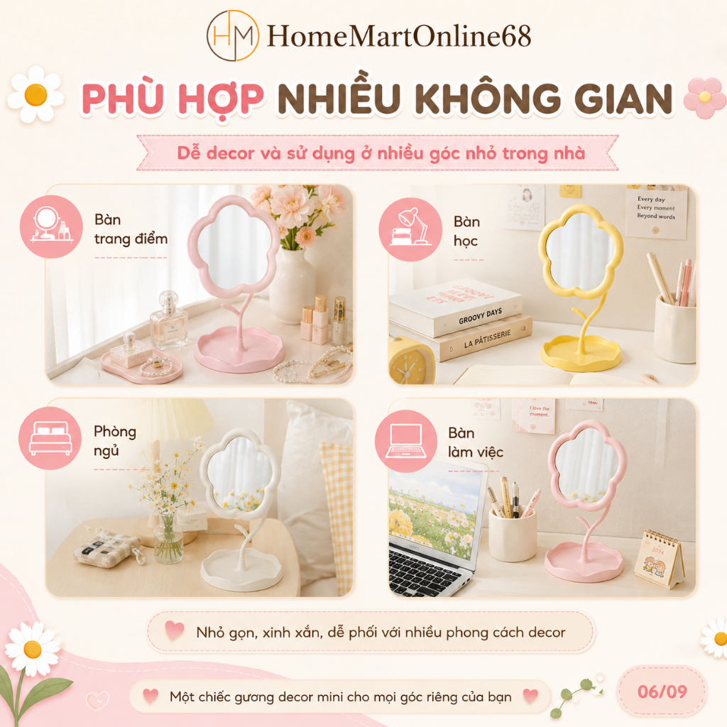 Gương Decor Để Bàn Trang Điểm Hình Hoa Bản Nhỏ HomeMartOnline68 - Gương Mini Dễ Thương, Decor Bàn Học, Phòng Ngủ