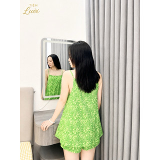 Bộ đồ ngủ nữ 2 dây Tiệm Lười quần đùi mặc nhà họa tiết Hoa Nhí chất lụa mềm mát Freesize 50-60kg