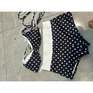 Bling Bikini•CÓ SẴN HN• Sét Bikini 2 Mảnh Áo Khoen Quần Đùi,Hoạ Tiết Chấm Bi Phối Caro Nâu Cho Nữ