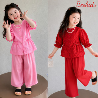 Set Bộ Áo bà ba gấm tay chun phồng cúc ngọc + quần lụa bóng mềm mịn cho bé gái  mặc trung thu, lễ tết,  BB06 - BEEKIDS