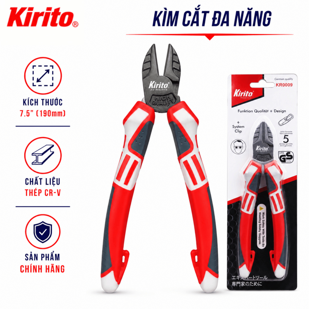 Kìm cắt đa năng KIRITO cao cấp đỏ trắng G 7.5 inch (190mm) thép CR-V công nghiệp Nhật - Cắt sắc bén chính hãng