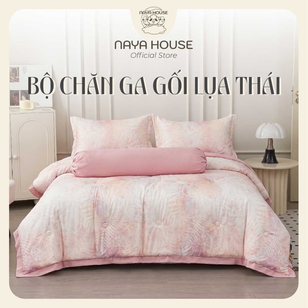 Bộ Chăn Ga Gối Lụa Thái 5 Món  Naya House Mềm Mịn Thoáng Mát Chăn Hè Chần Bông Cao Cấp LT04