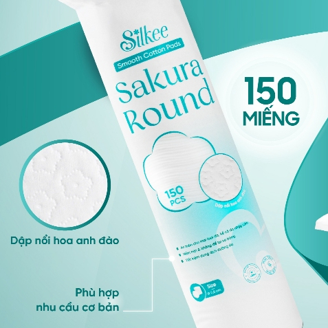 Bông tẩy trang Silkee Sakura Round 150 Miếng Tròn - Cotton Mềm Mịn, Không Xơ Bông