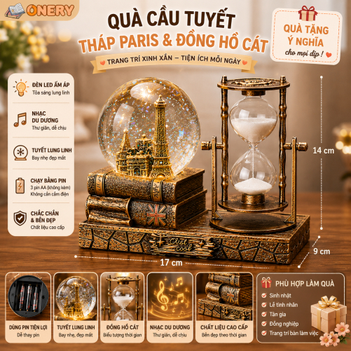Quà lưu niệm - Quả cầu pha lê phát nhạc LED cổ điển - Đồng hồ cát trang trí cao cấp