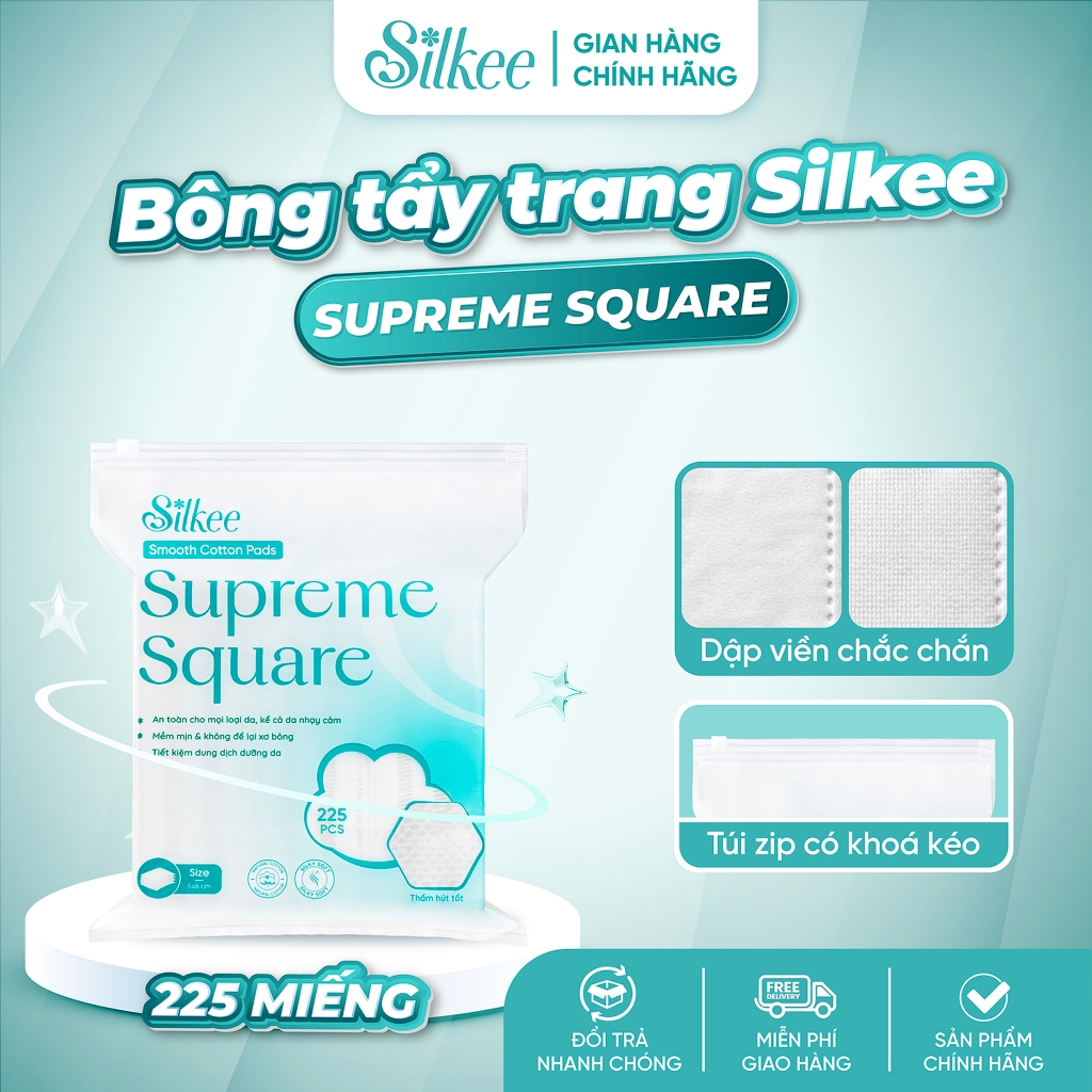 Bông tẩy trang Silkee Supreme Square 225 Miếng Vuông - Cotton Mềm Mịn, Không Xơ Bông