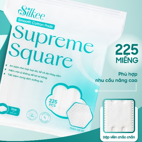 Bông tẩy trang Silkee Supreme Square 225 Miếng Vuông - Cotton Mềm Mịn, Không Xơ Bông