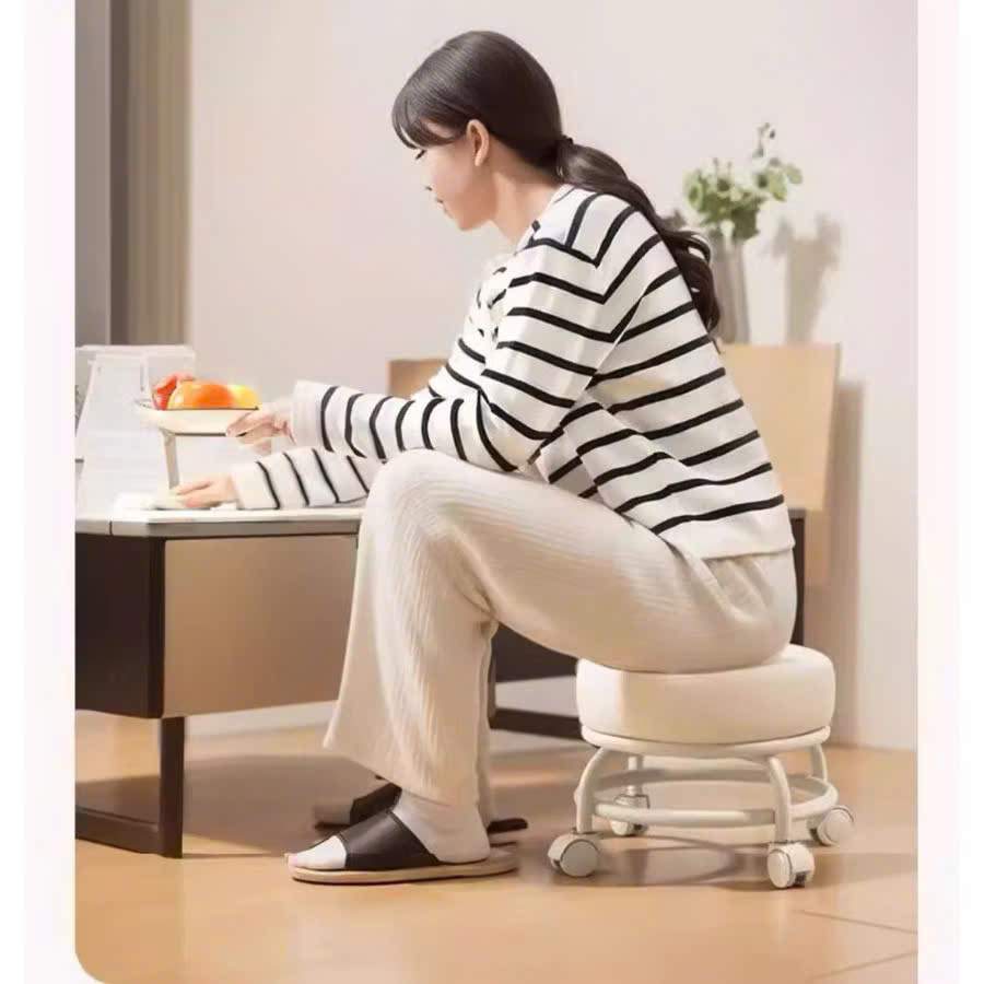 Ghế bệt làm nail ngồi 5 bánh xe di chuyển đa năng xoay 360 độ, Ghế tròn khung nhựa đệm ghế da PU êm ái chống thấm nước