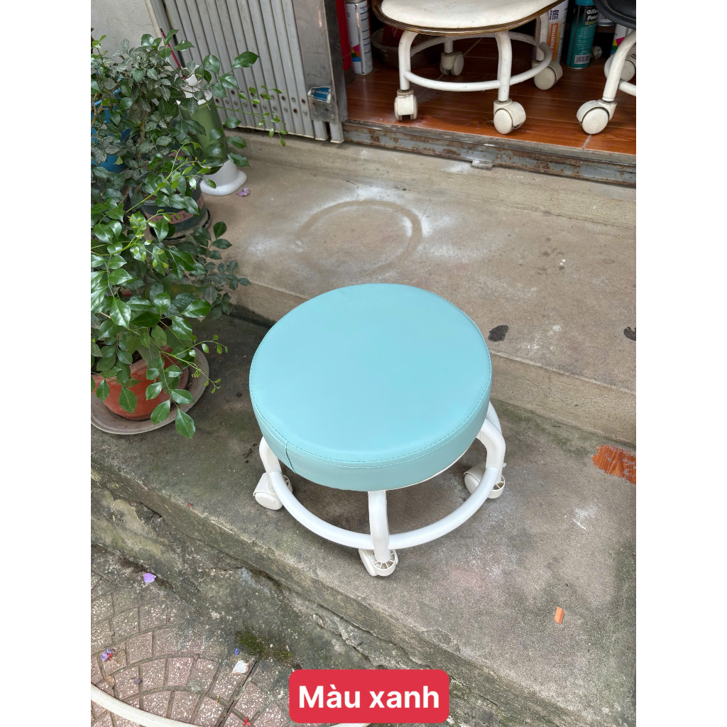 Ghế bệt làm nail ngồi 5 bánh xe di chuyển đa năng xoay 360 độ, Ghế tròn khung nhựa đệm ghế da PU êm ái chống thấm nước