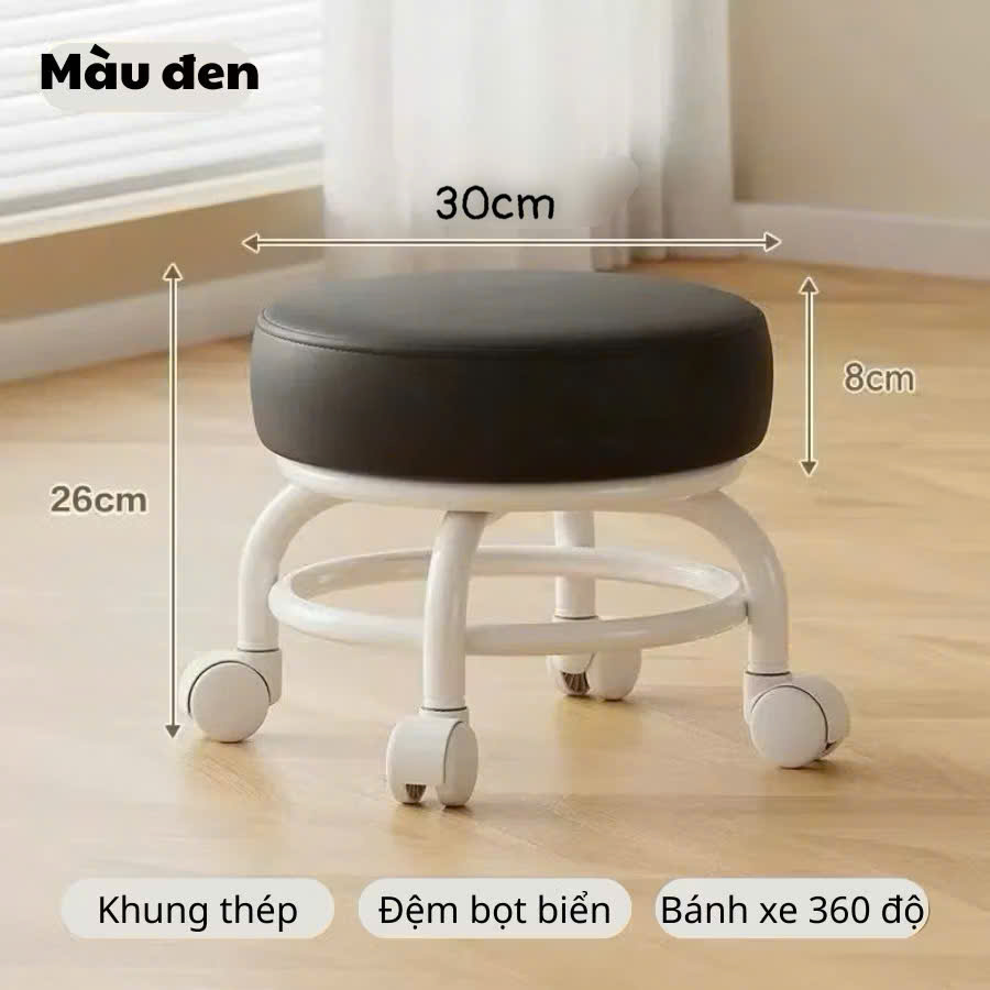 Ghế bệt làm nail ngồi 5 bánh xe di chuyển đa năng xoay 360 độ, Ghế tròn khung nhựa đệm ghế da PU êm ái chống thấm nước