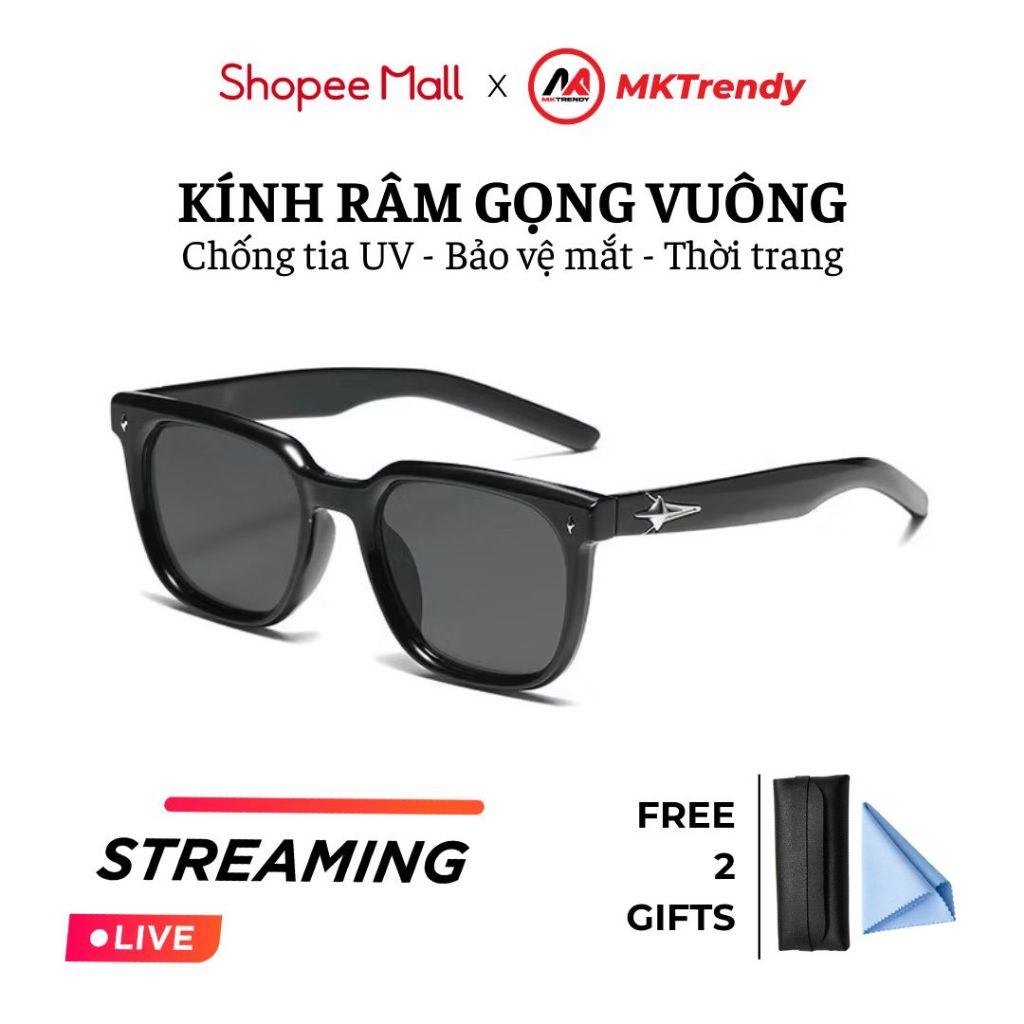 [Live x MKTRENDY] Kính râm gọng vuông chống tia UV R9 thời trang nam nữ họa tiết ngôi sao nổi phong cách Hàn Quốc
