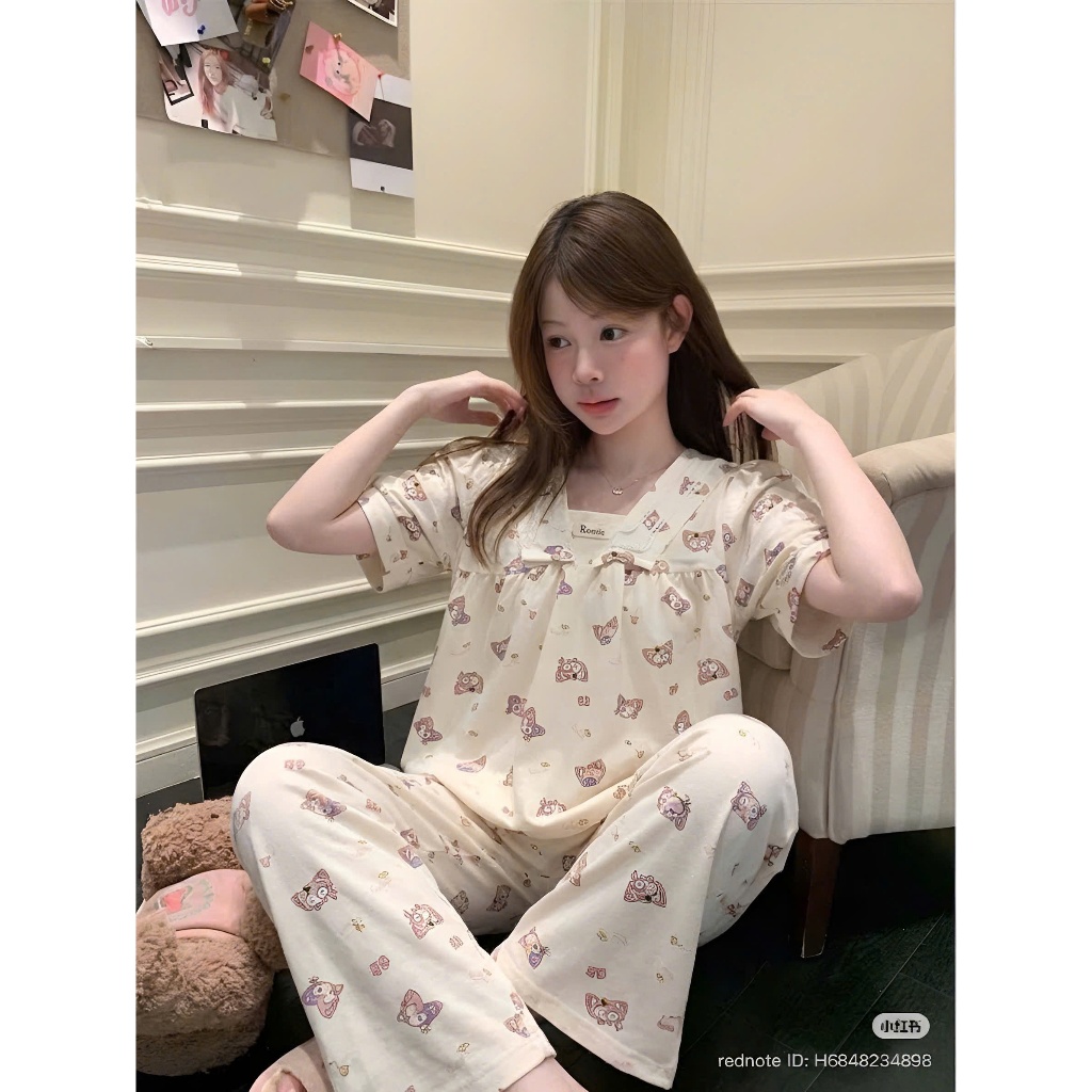 [40-60kg] Bộ Đồ Ngủ Nữ Quần Dài Áo Cộc Tay Phối Ren Cổ Vuông, Pijama Mặc Nhà Đũi Cotton CD01
