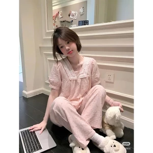 Bộ Đồ Ngủ Nữ Quần Dài Áo Cộc Tay Phối Ren Cổ Vuông, Pijama Mặc Nhà Đũi Cotton CD01