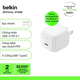 Củ sạc nhanh Belkin 45W USB-C PD 3.1 PPS nhỏ gọn 1 cổng cho iPhone 17 iPad MacBook Air BH chính hãng 2 năm