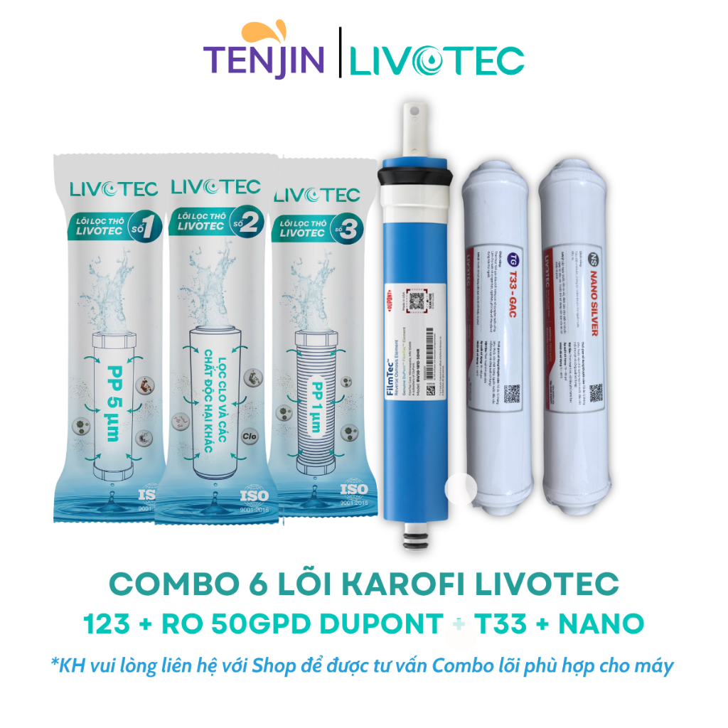 Combo 6 Lõi Lọc Karofi Gồm Lõi 123 Livotec + Màng RO 50GPD + Lõi Chức Năng Livotec T33-GAC và Nano Silver