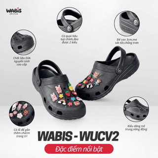 [Tặng Charm + Móc Khóa Chính Hãng] Dép Sục Màu Đen WABIS Đế Cao 3cm Không Thấm Nước, Chống Trượt [WUC-V2][LÙI 1 SIZE]