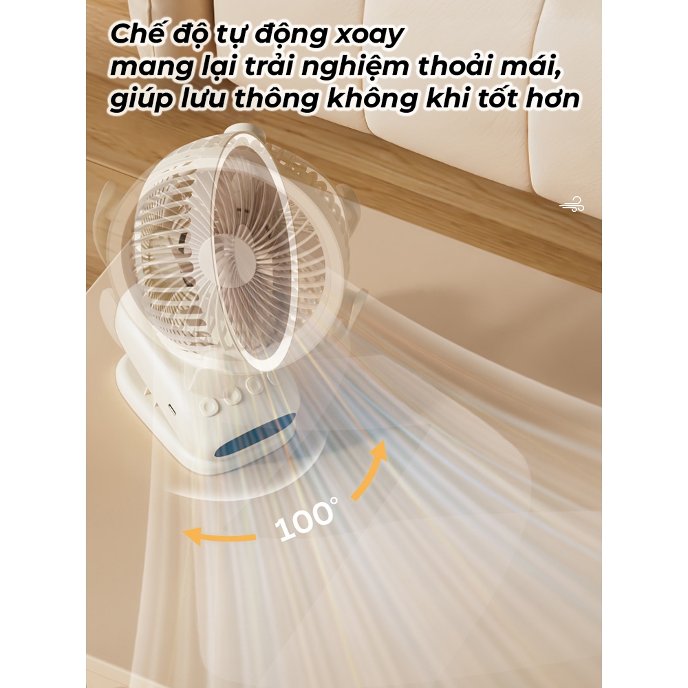 【 TỰ ĐỘNG XOAY 】Quạt Tích Điện, Quạt Kẹp 5 Chế Độ Gió, Có Đèn Ngủ, Hẹn Giờ, Không Gây Tiếng Ồn NKC52