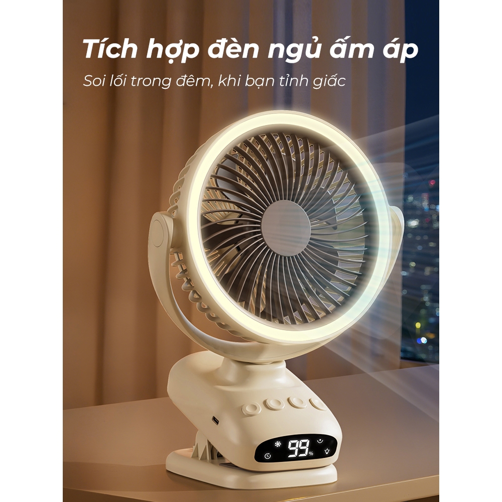 【 TỰ ĐỘNG XOAY 】Quạt Tích Điện, Quạt Kẹp 5 Chế Độ Gió, Có Đèn Ngủ, Hẹn Giờ, Không Gây Tiếng Ồn NKC52