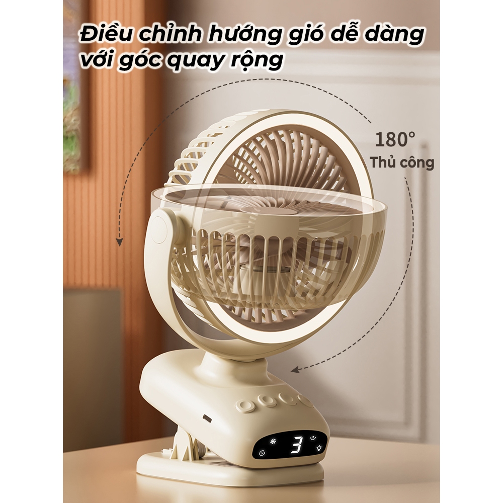【 TỰ ĐỘNG XOAY 】Quạt Tích Điện, Quạt Kẹp 5 Chế Độ Gió, Có Đèn Ngủ, Hẹn Giờ, Không Gây Tiếng Ồn NKC52