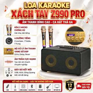 Loa Xách Tay Karaoke JB Z990 PRO, 2 Bass Đôi, Kèm 2 Mic Hát Nhẹ,Chống Hú,Chip Vang Số Có Reverb Echo Hát Hay.