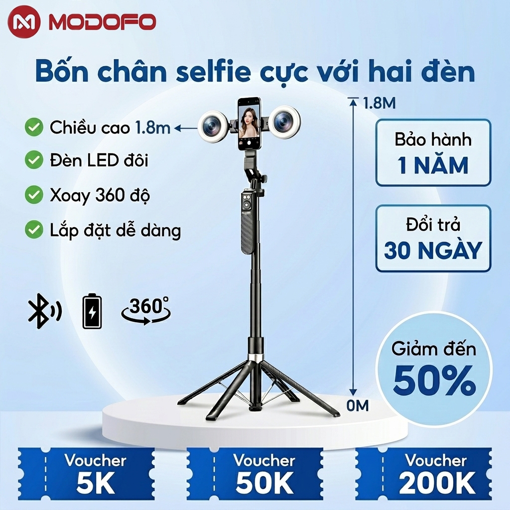 MODOFO1m8 chân máy quay cây chụp hình livestream video 360 độ điện thoại gậy selfie chống rung remote chụp ảnh bluetooth