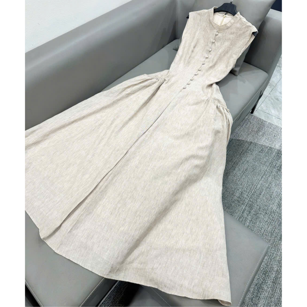 Váy Đầm Maxi Gile Phối Túi Sườn Thiết Kế Hai Lớp Cổ Tròn Cúc Bọc Vải Chất Đũi Lilen Mềm Mát V539