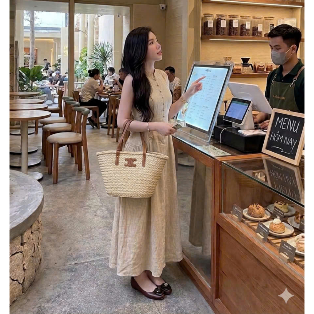 Váy Đầm Maxi Gile Phối Túi Sườn Thiết Kế Hai Lớp Cổ Tròn Cúc Bọc Vải Chất Đũi Lilen Mềm Mát V539