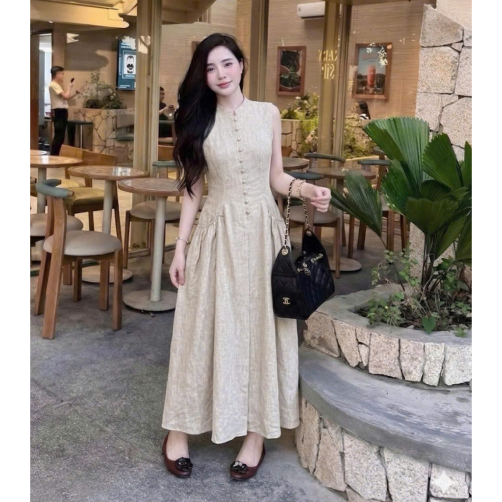 Váy Đầm Maxi Gile Phối Túi Sườn Thiết Kế Hai Lớp Cổ Tròn Cúc Bọc Vải Chất Đũi Lilen Mềm Mát V539