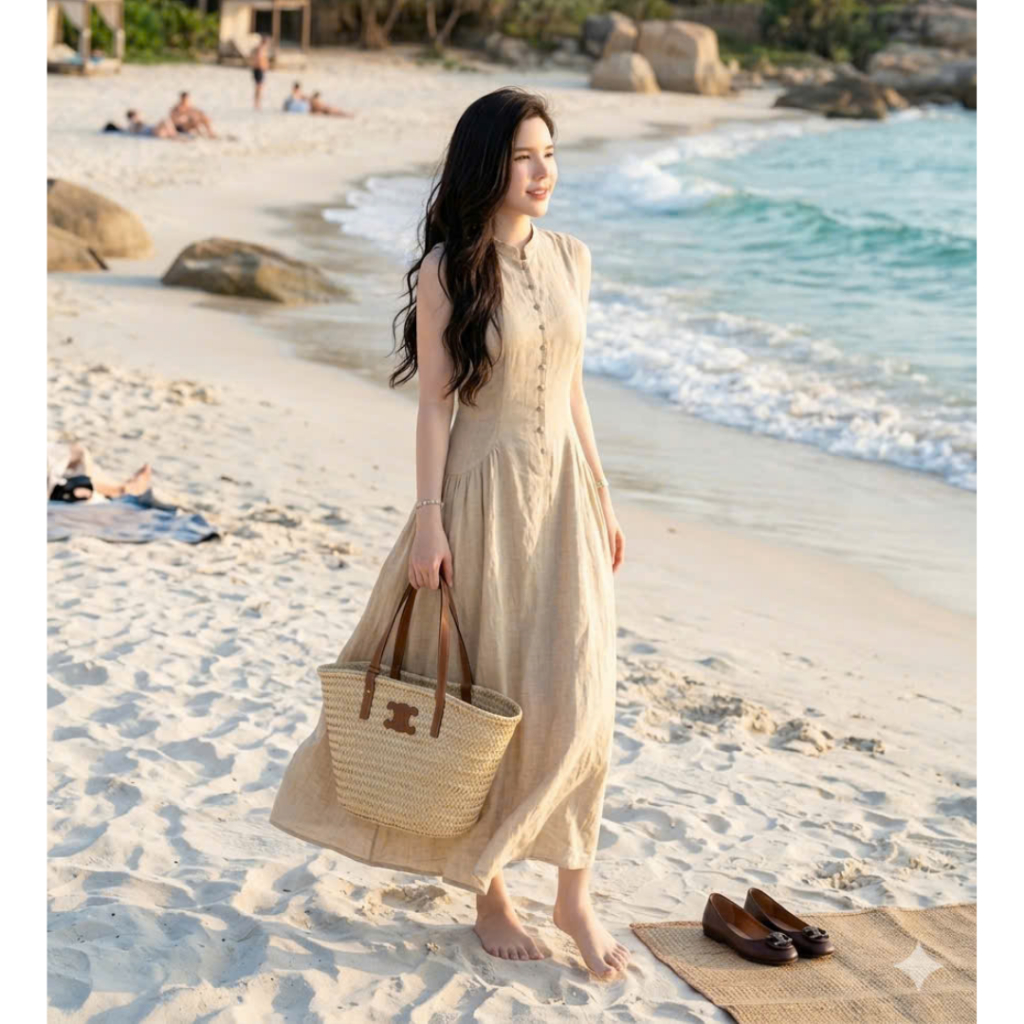 Váy Đầm Maxi Gile Phối Túi Sườn Thiết Kế Hai Lớp Cổ Tròn Cúc Bọc Vải Chất Đũi Lilen Mềm Mát V539