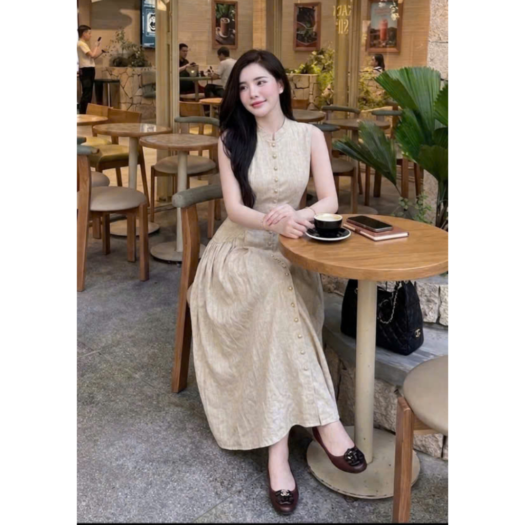 Váy Đầm Maxi Gile Phối Túi Sườn Thiết Kế Hai Lớp Cổ Tròn Cúc Bọc Vải Chất Đũi Lilen Mềm Mát V539