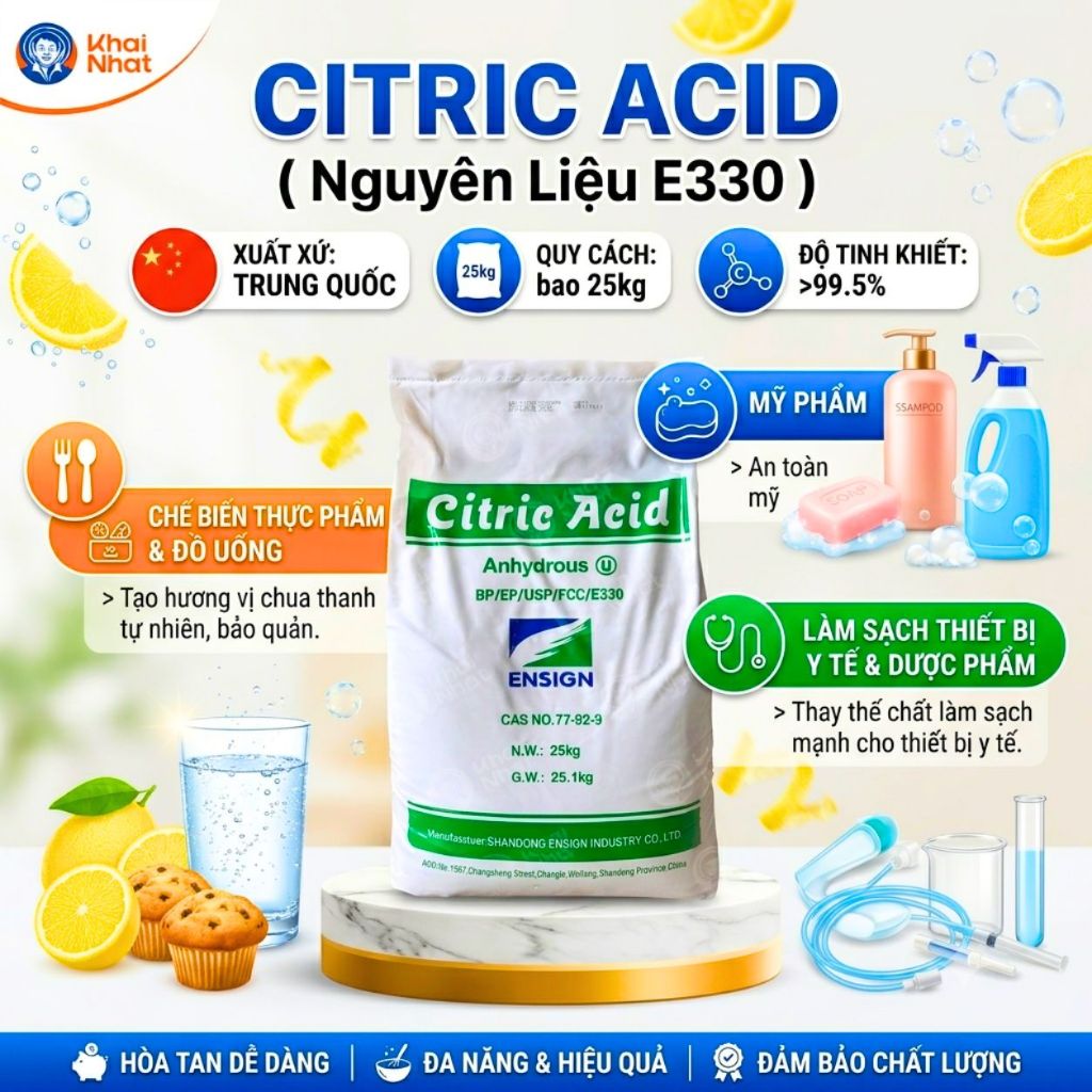 Acid Citric Khan - Citric Acid Anhydrous E330 (25kg/bao) - Bột chanh, bột tạo chua, acid Chanh, chất điều chỉnh Ph
