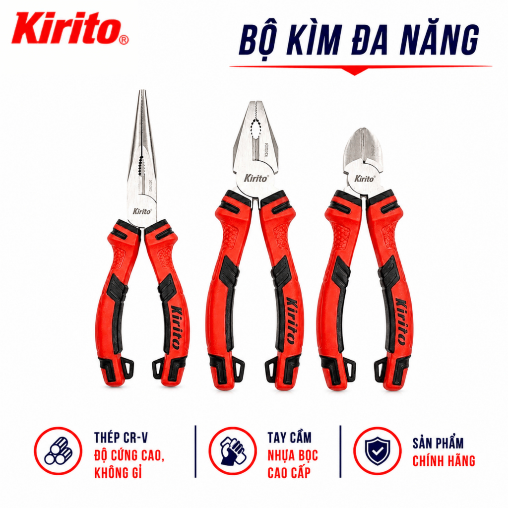 Bộ Kìm Kirito 3 Món Đa Năng Cho Thợ Điện Thép CR-V Bền Bỉ - Cắt, Uốn, Gắp - Kìm Đỏ Đen