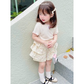 Áo thun cộc tay bé gái cotton thông hơi HUMY NGO mix set quần váy hoa nhí-Thời trang hè mềm mịn mát mẻ cho bé gái 9-38kg