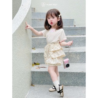 Áo thun cộc tay bé gái cotton thông hơi HUMY NGO mix set quần váy hoa nhí-Thời trang hè mềm mịn mát mẻ cho bé gái 9-38kg