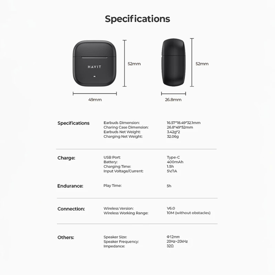 [ĐỘC QUYỀN] Tai nghe True Wireless Havit Life T2 TW966 - 4 Mic ENC, Chống Ồn, Bluetooth 6.0, Pin 25H - Hàng Chính Hãng