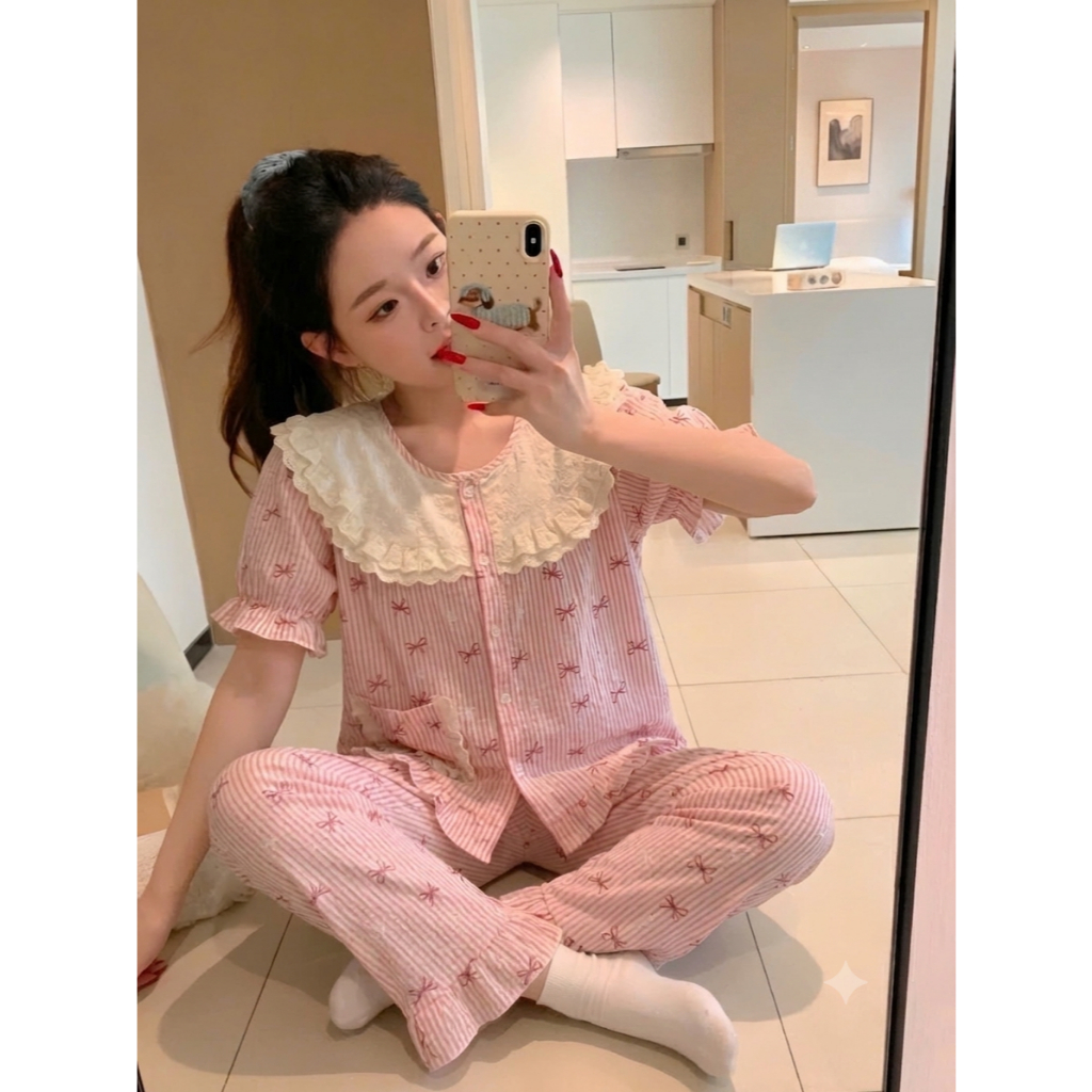 [40-60kg] Bộ Đồ Ngủ Nữ Quần Dài Áo Cộc Tay Phối Ren Cổ Vuông, Pijama Mặc Nhà Đũi Cotton CD01