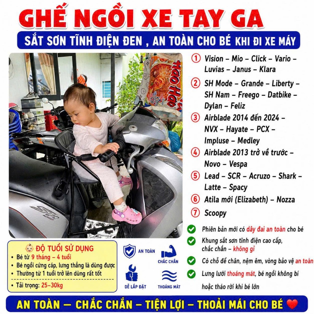 [ KHUNG ĐEN KÈM DÂY ]  GHẾ GA XẾP SẮT SƠN TĨNH ĐIỆN ĐEN , AN TOÀN ( CHỌN ĐÚNG TÊN XE )