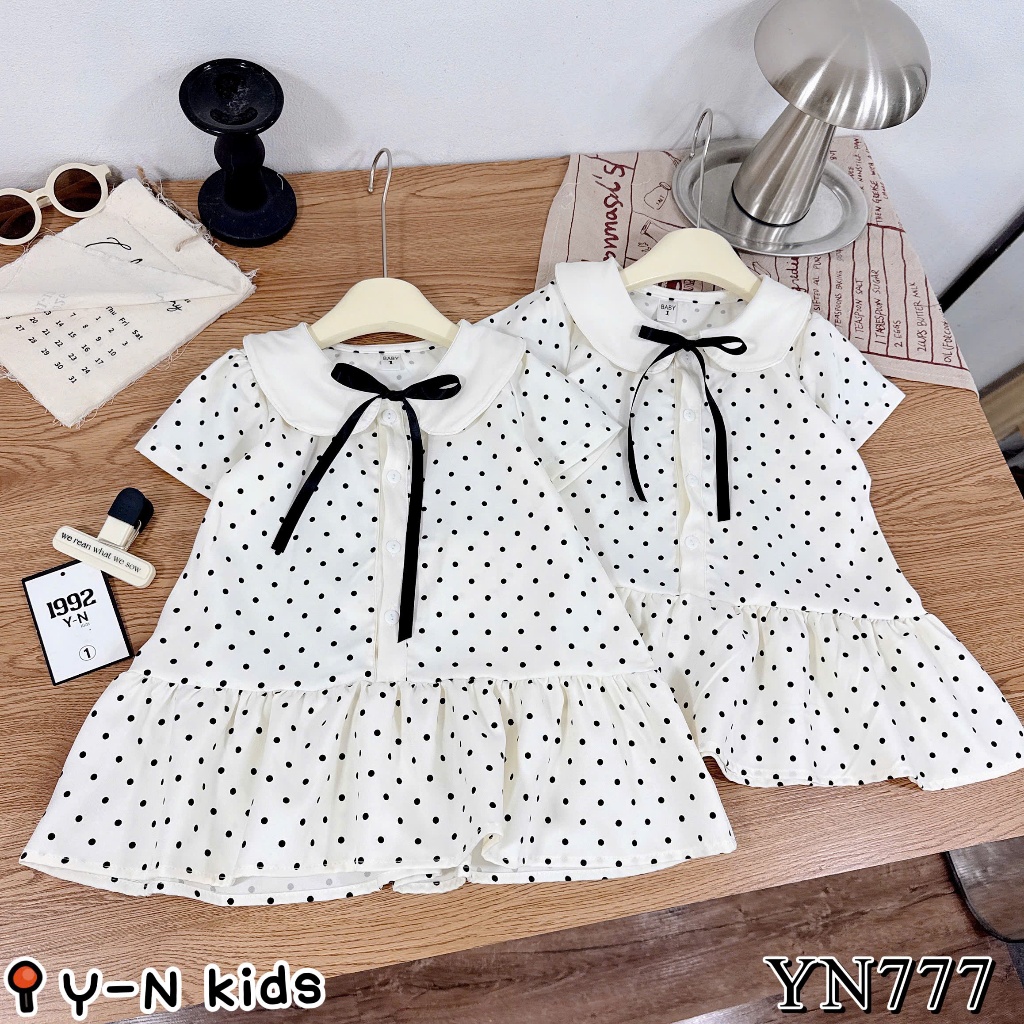 Váy Bé Gái Chấm Bi Cổ Sen Đầm Suông Xếp Ly Phối Nơ Đen Style Tiểu Thư Hàn Quốc Cho Bé Gái B13