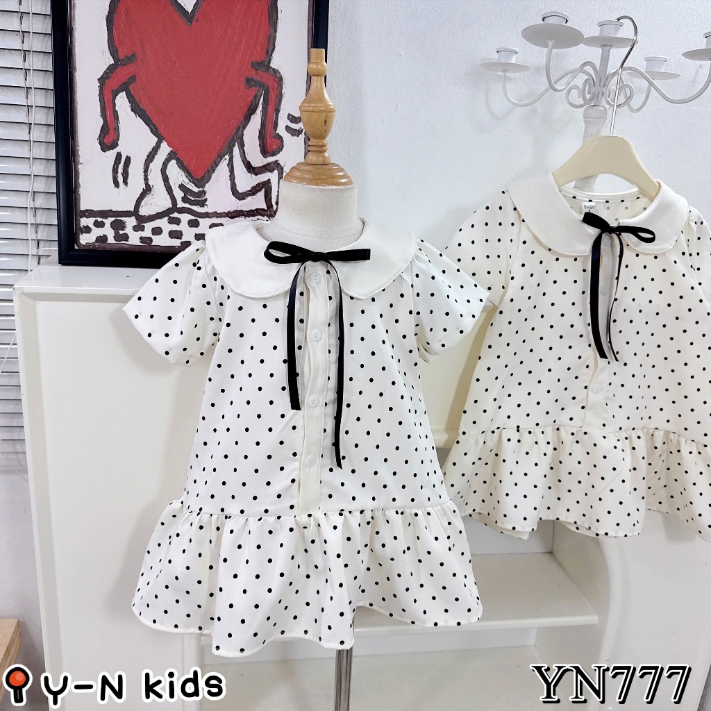 Váy Bé Gái Chấm Bi Cổ Sen Đầm Suông Xếp Ly Phối Nơ Đen Style Tiểu Thư Hàn Quốc Cho Bé Gái B13