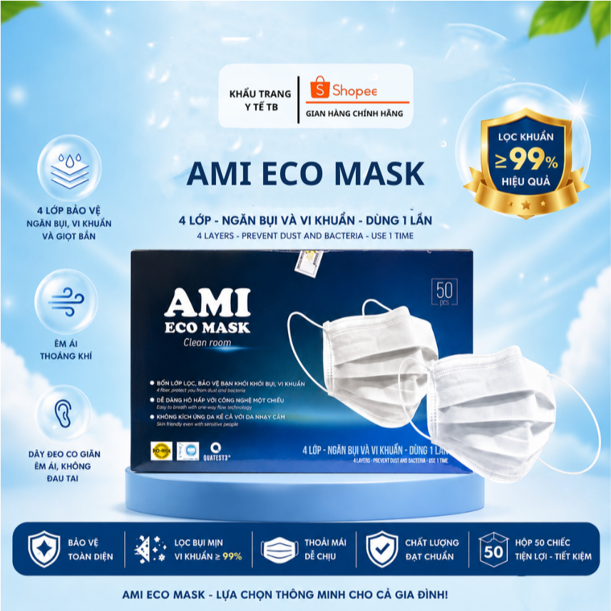 100-400 chiếc Khẩu trang Y TẾ ECO AMI MASK CHÍNH HÃNG 4 lớp dày dặn siêu lọc bụi và kháng khuẩn