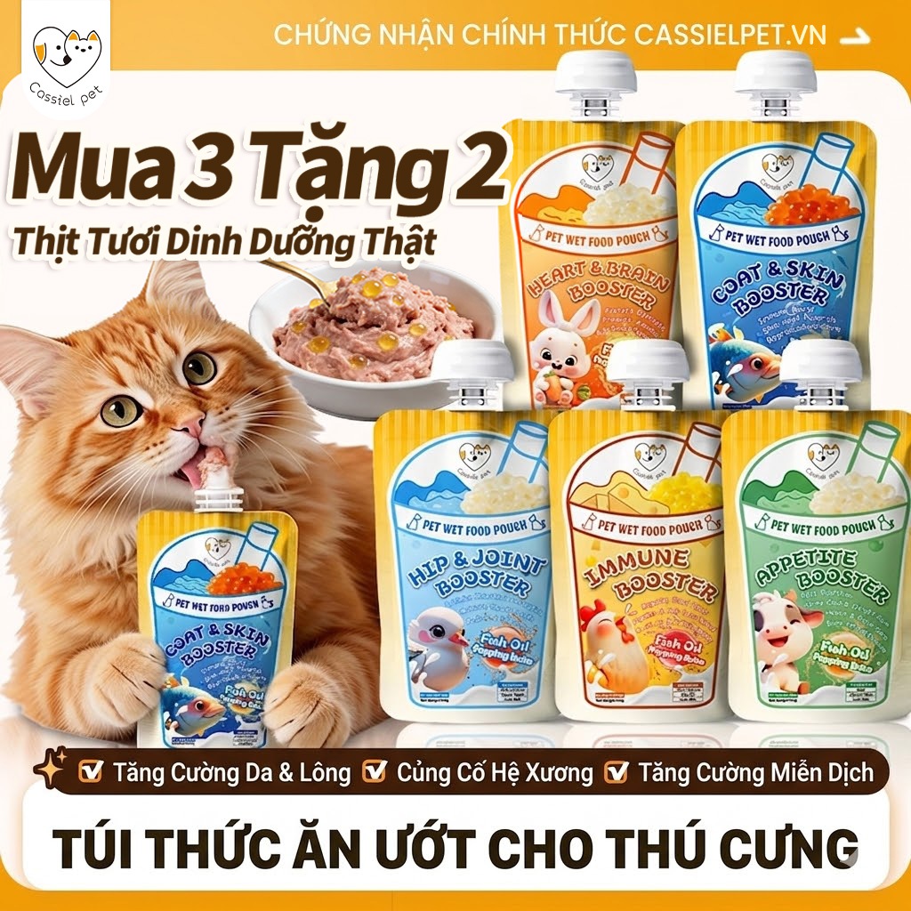Cassiel Pet Thức Ăn Ướt Cho Chó Mèo Mọi Lứa Tuổi Hỗ Trợ Lông Da Tim Não Hệ Miễn Dịch Sự Thèm Ăn Hông Và Khớp Túi 100g